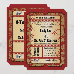 Invitación Boleto de cine vintage de Broadway rojo y dorado p