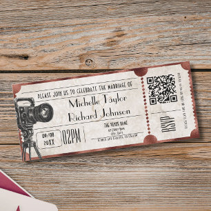 Invitación Boleto de Cine Vintage Rústico con Código QR RSVP