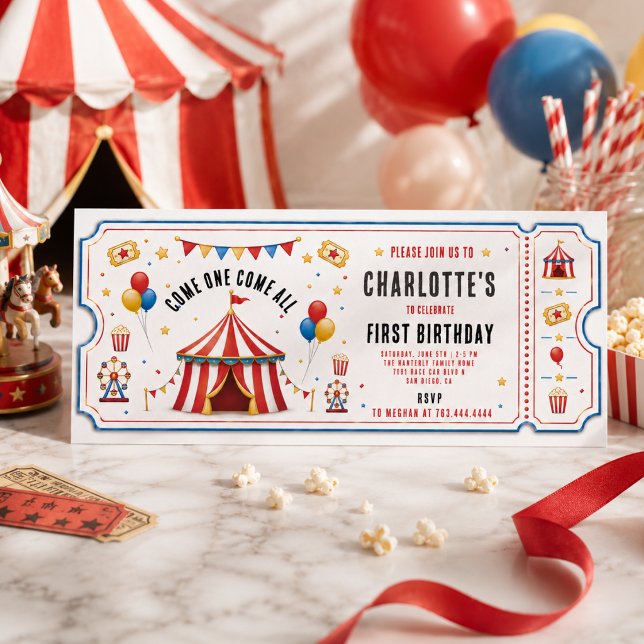 Invitación Boleto de Circo Rojo Moderno Cumpleaños 1er | Cual (Modern Red Circus Ticket 1st Birthday | Any Gender Invitation
)