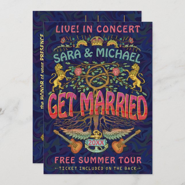 Invitación Boleto de Concierto con Tema Retro de Boda de la D (Anverso / Reverso)