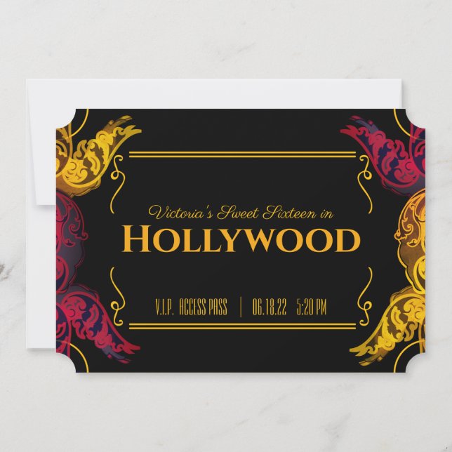 Invitación boleto de cumpleaños de 16 viejos HOLLYWOOD Invita (Reverso)