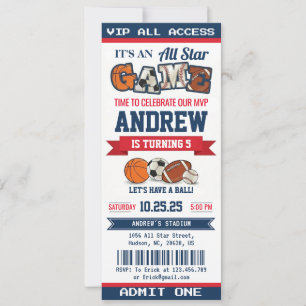 Invitación Boleto de cumpleaños de deporte All Star personal 