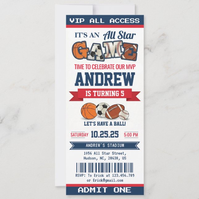 Invitación Boleto de cumpleaños de deporte All Star personal  (Anverso)