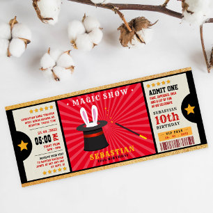 Invitación boleto de cumpleaños del show de magia de oro del 