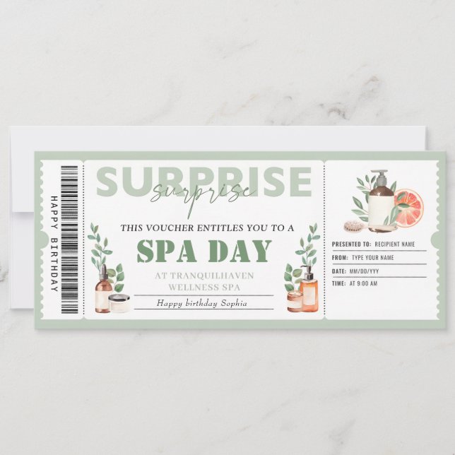 Invitación Boleto de cumpleaños para el día del spa personal (Anverso)