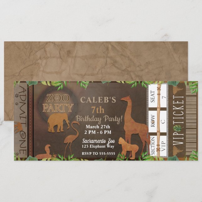Invitación Boleto de cumpleaños para fiesta de animales marro (Anverso / Reverso)