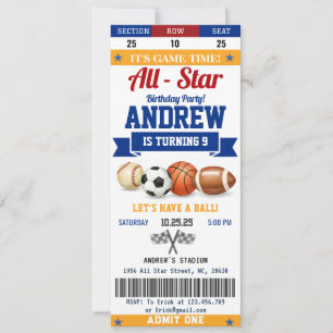 Invitación Boleto de cumpleaños personalizado All Star Sport 