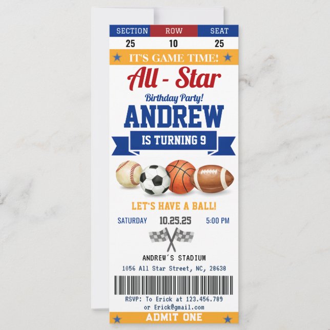 Invitación Boleto de cumpleaños personalizado All Star Sport  (Anverso)