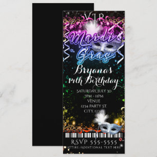 Invitación Boleto de cumpleaños VIP Arcoíris de Mardi Gras