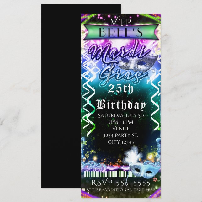 Invitación Boleto de cumpleaños VIP de Mardi Gras Rainbow Glo (Anverso / Reverso)
