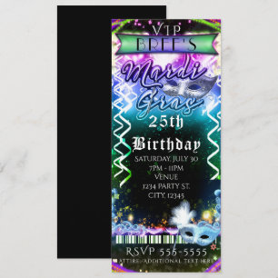 Invitación Boleto de cumpleaños VIP de Mardi Gras Rainbow Glo