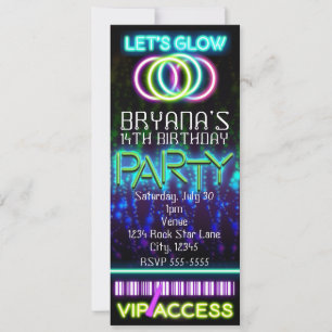 Invitación Boleto de Cumpleaños VIP de Neon Brillante en la O