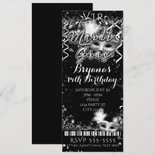 Invitación Boleto de cumpleaños VIP Mardi Gras Negro y Blanco