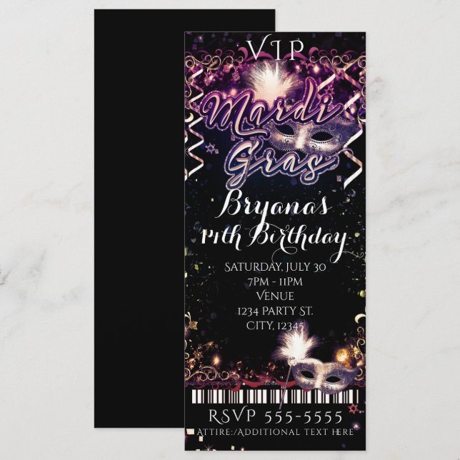 Invitación Boleto de cumpleaños VIP Mardi Gras Plum Gold (Anverso / Reverso)
