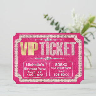 Invitación Boleto de Diamantes y Brillo Rosa Fuerte y Dorado