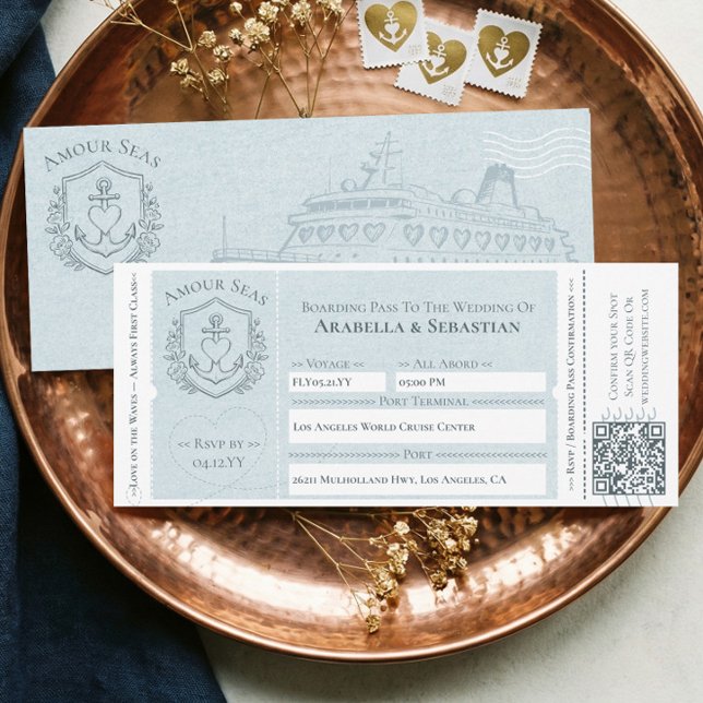Invitación Boleto de embarque de crucero Boda en destino (Cruise Ship Boarding ticket Destination Wedding Invitation)