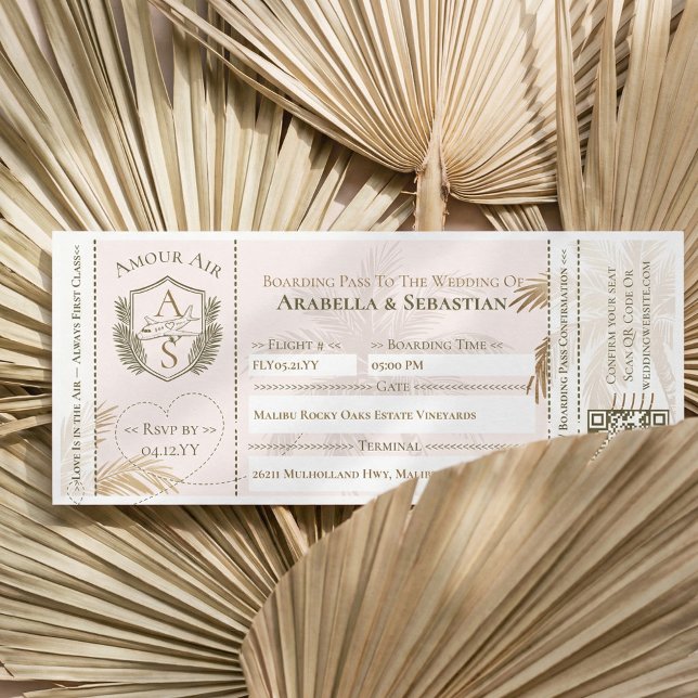 Invitación Boleto de Embarque de Plano Tropical para Boda de  (Tropical Boarding Plane Ticket Destination Wedding Invitation (Front))