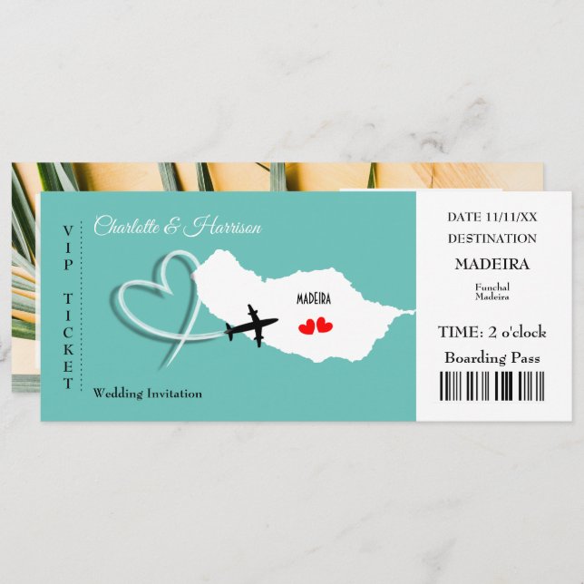 Invitación Boleto de embarque para destino de boda en Madeira (Anverso / Reverso)
