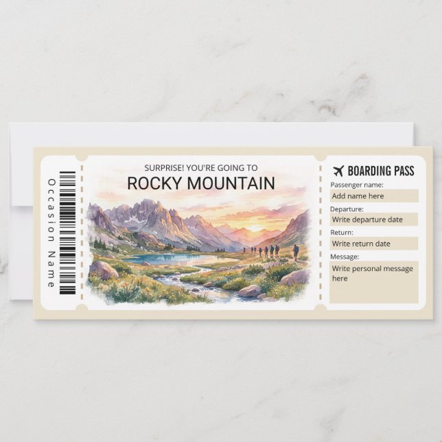 Invitación Boleto de embarque para viaje a las Montañas Rocos (Anverso)
