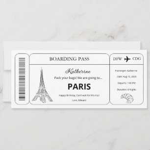 Invitación Boleto de embarque para viaje a París con voucher