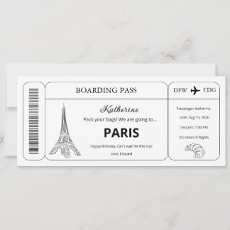 Invitación Boleto de embarque para viaje a París con voucher
