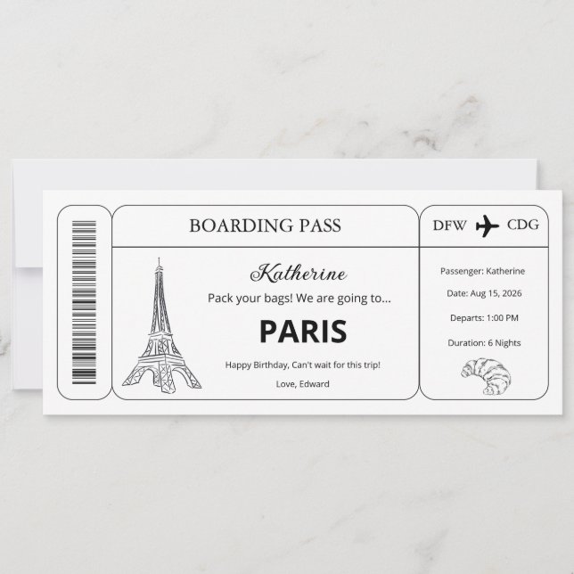 Invitación Boleto de embarque para viaje a París con voucher  (Anverso)