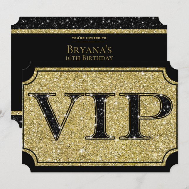 Invitación Boleto de Evento de Fiesta VIP Black & Gold Glitte (Anverso / Reverso)