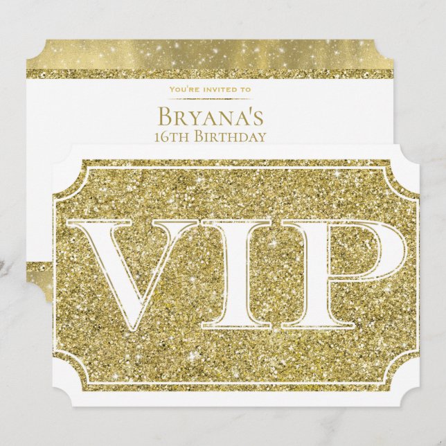 Invitación Boleto de Evento de Fiesta VIP Brillo Blanco y Dor (Anverso / Reverso)