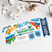 boleto de fiesta de cumpleaños con arma de agua