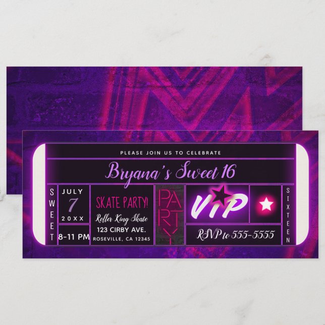 Invitación Boleto de Fiesta de Cumpleaños con Luz Negra Rosa  (Anverso / Reverso)