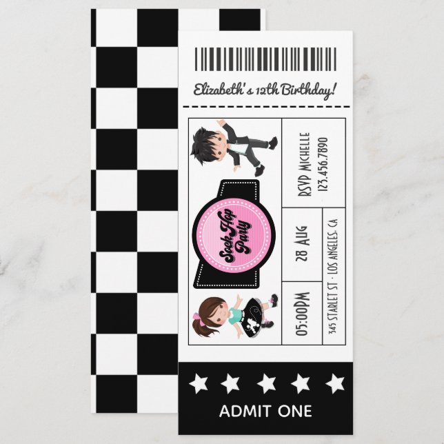Invitación Boleto de Fiesta Sock Hop (Anverso / Reverso)