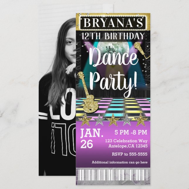 Invitación Boleto de Foto de Fiesta de Cumpleaños con Bola de (Anverso / Reverso)