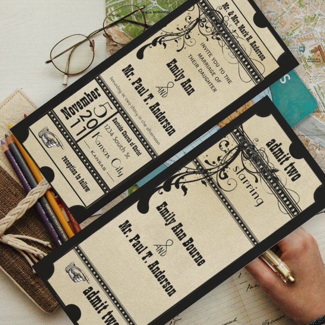 Invitación Boleto de Hollywood Antiguo Negro Boda (Subido por el creador)