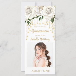 Invitación Boleto de Luces de Cuerda Dorada y Florales Blanca