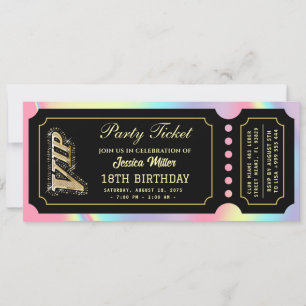 Invitación Boleto de Lujo Negro Holográfico Rosa