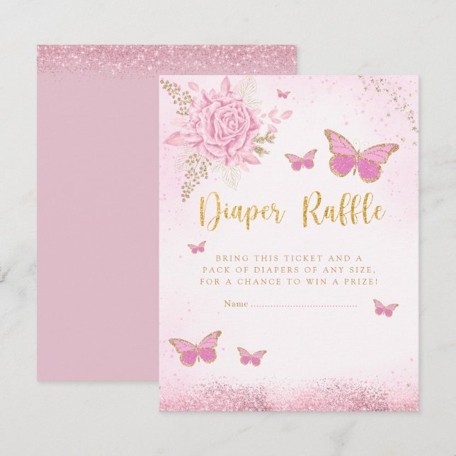 Invitación Boleto de mariposa rosa Baby Shower Diaper Raffle (Anverso / Reverso)