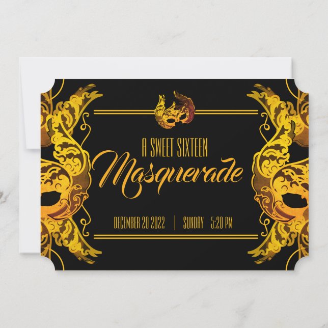 Invitación boleto de oro dulce 16 de cumpleaños de MASQUERADE (Reverso)