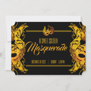 Invitación boleto de oro dulce 16 de cumpleaños de MASQUERADE
