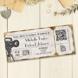 Invitación Boleto de Película Retro Vintage con Código QR RSV