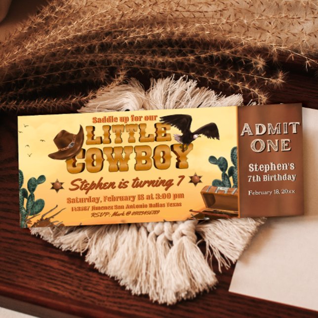 Invitación Boleto de Pequeño Vaquero (Little Cowboy -  Boy Birthday Ticket Invitation )
