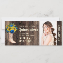 Invitación Boleto de Quinceañera de Rosa azul de girasol rúst