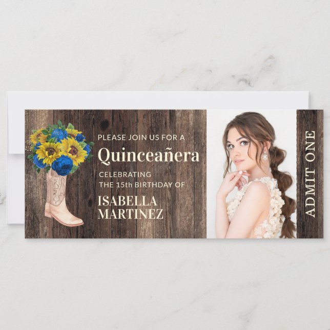 Invitación Boleto de Quinceañera de Rosa azul de girasol rúst (Anverso)