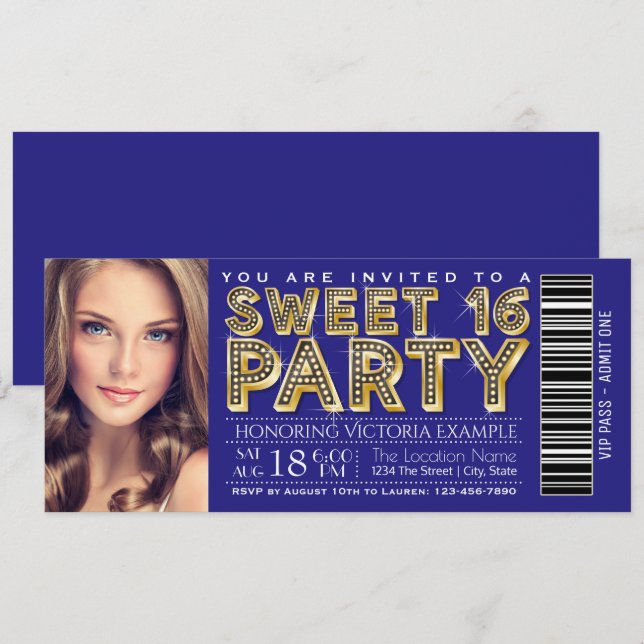 Invitación Boleto de Royal Blue y Gold Sweet 16 (Anverso / Reverso)