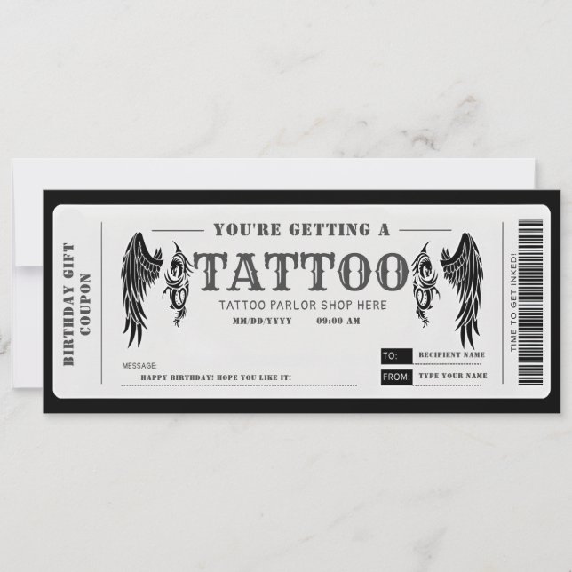 Invitación Boleto de vale de tatuaje personal (Anverso)