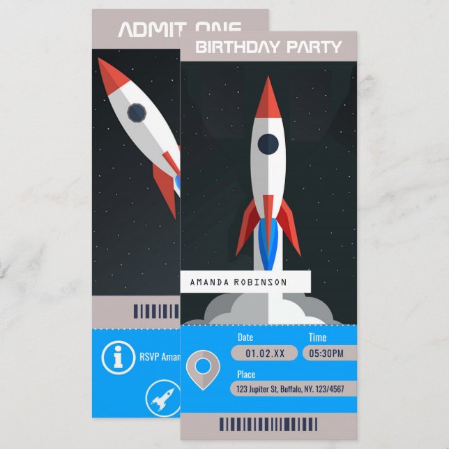 Invitación Boleto de viaje para fiesta de cumpleaños con tema (Anverso / Reverso)