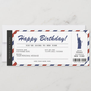 Invitación Boleto de viaje sorpresa a Nueva York Pase de emba