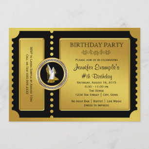 Invitación Boleto dorado de zapato de tacón alto para fiesta 