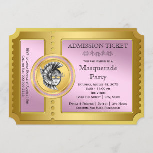 Invitación Boleto Dorado Fiesta de Máscaras Rosa y Dorada