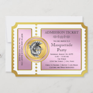 Invitación Boleto Dorado Fiesta de Máscaras Rosa y Dorada
