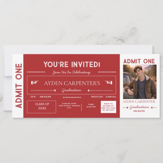 Invitación Boleto Falso de Graduación Rojo y Blanco | Invitac (Anverso)
